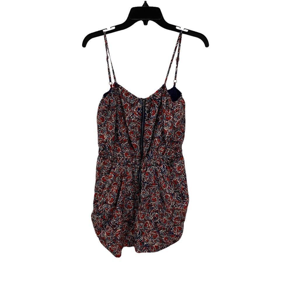 BCBGeneration Crimson Romper M Red Blue Abstract Floral Front Zip Cinched Waist